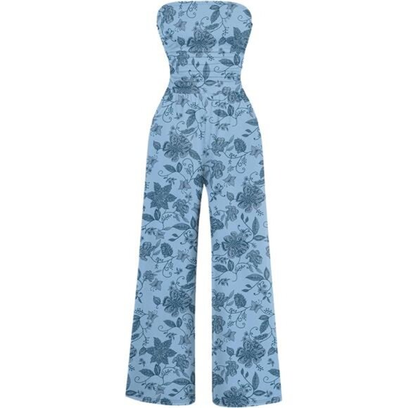 Women's Casual Summer Strapless Jumpsuits Blue Print - Picture 1 of 5